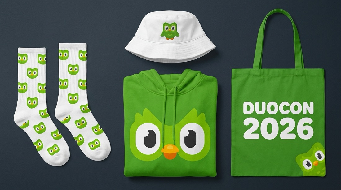 AI-designed Duolingo conference swag mockup