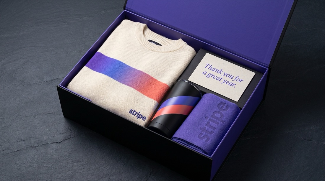 AI-designed Stripe holiday gift set mockup
