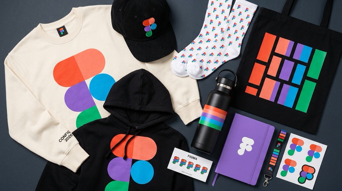 AI-designed Figma onboarding kit mockup: crewneck, hoodie, cap, socks, tote, bottle and pins